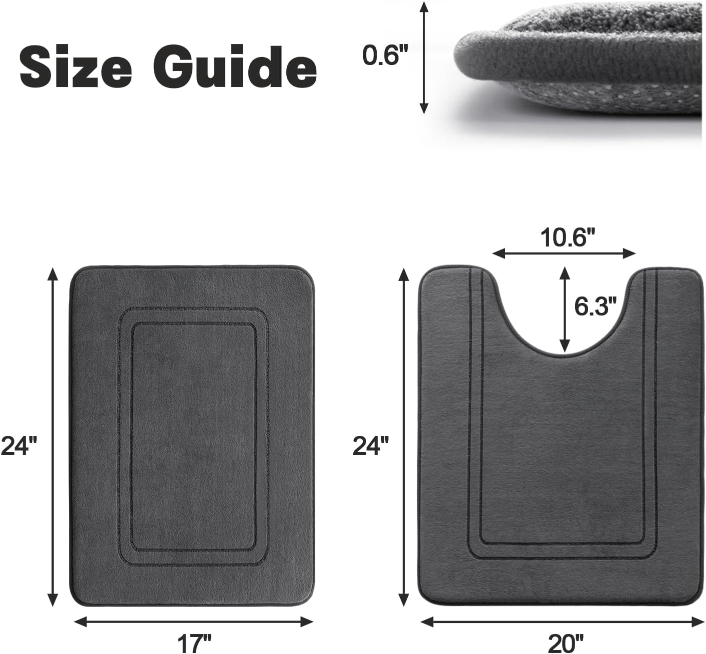 Memory Foam Bath Mat 2 Set Non Slip Super Soft Water Absorbent Machine Washable U Shape Toilet Mats Dark Grey Bath Rug Set