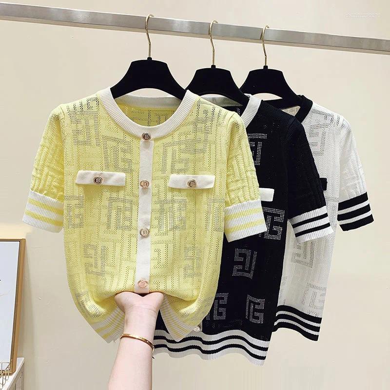 Women's T Shirts Chic 2025 Fashion Summer Contrast Small Fragrance Ice Thin Sweater Versatile Hollow Out Short Sleeve