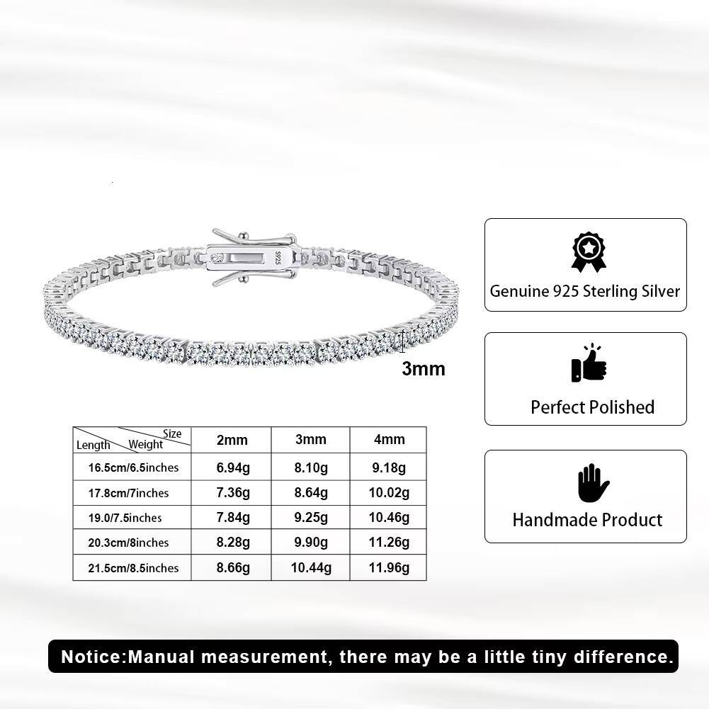 RINNTIN MOB01 2mm 3mm 4mm 925 Sterling Silver Gra Vvs Lab Diamond Mossanite Moissanite Tennis Chain Bracelet