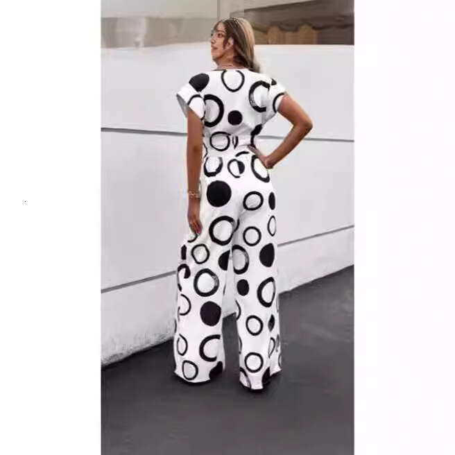 New Fashion Elegant Casual V-Neck High Waist Printed Wide-Leg Belted Jumpsuit B5
