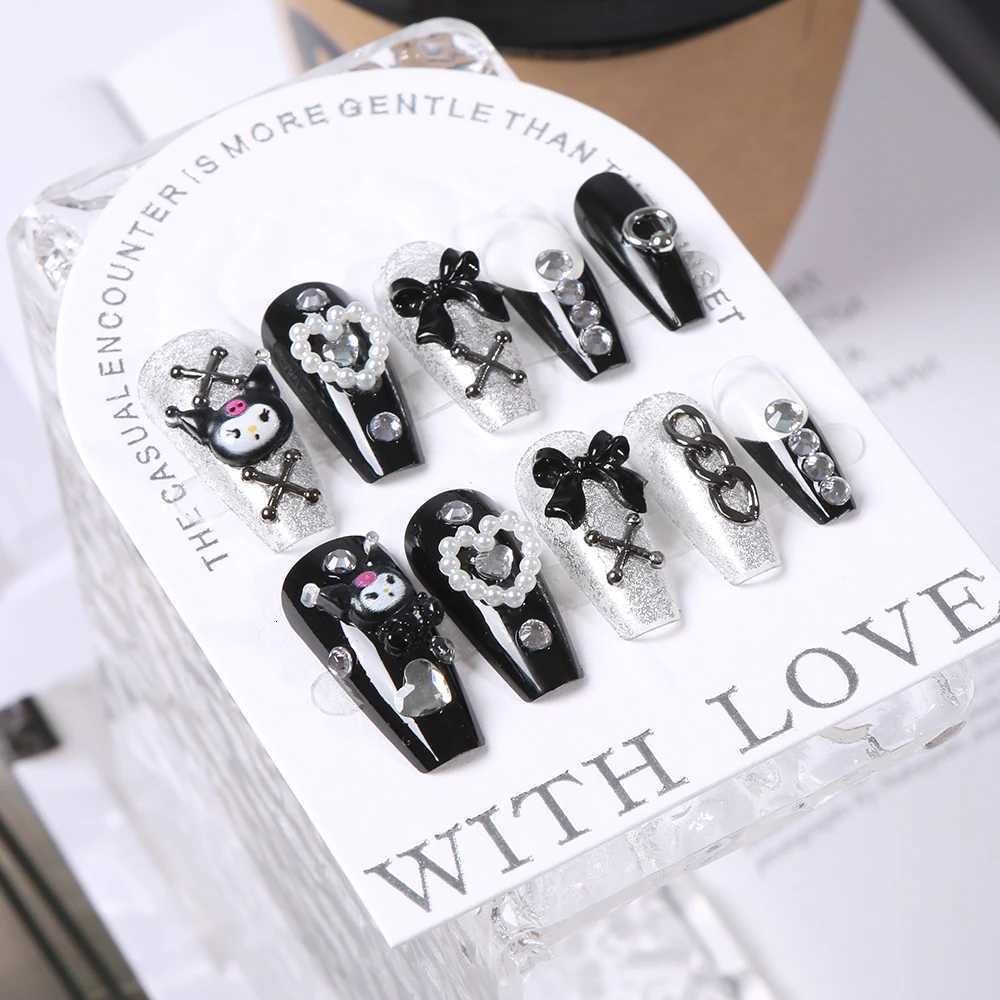 24Pcs 3D Kuromi Press-On Nails Y2K Cartoon Handmade Fake Nails Black Gel Nails Wearable Nails Cinnamoroll Melody Anime False Nails W250722