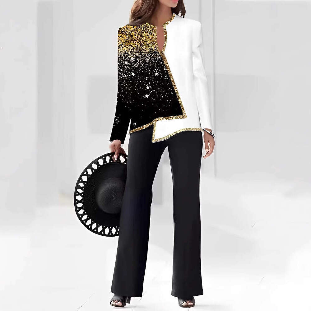 3D Digital Printing V-Neck Asymmetric Fashion Casual Shirt And Trousers Women's Set B5