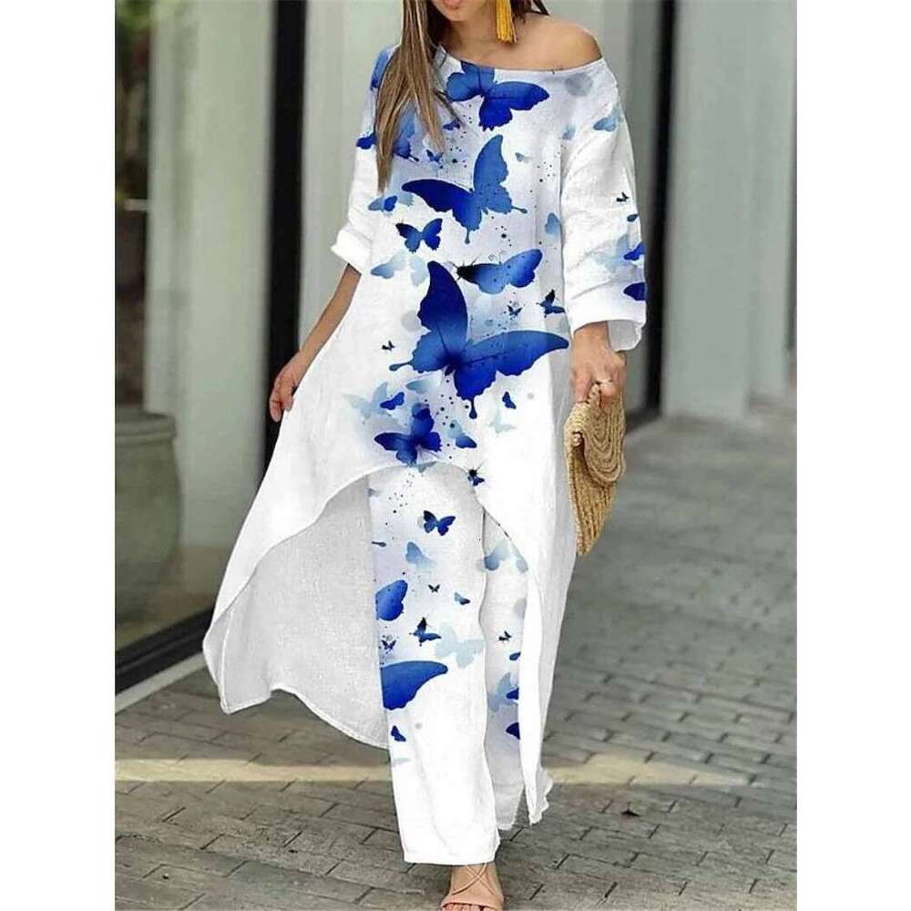 New Women's Fashion Casual Loose Irregular Print Nine-Quarter Sleeve Sunscreen Shirt Wide-Leg Pants Set B5