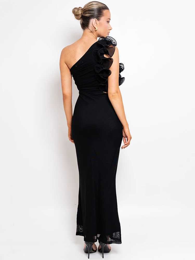 Mozision Shoulder Floral Mesh Ruched Sexy Maxi Dress For Women Gown Oblique Shoulder Sleeveless Backless Bodycon Long Dress XJ250722