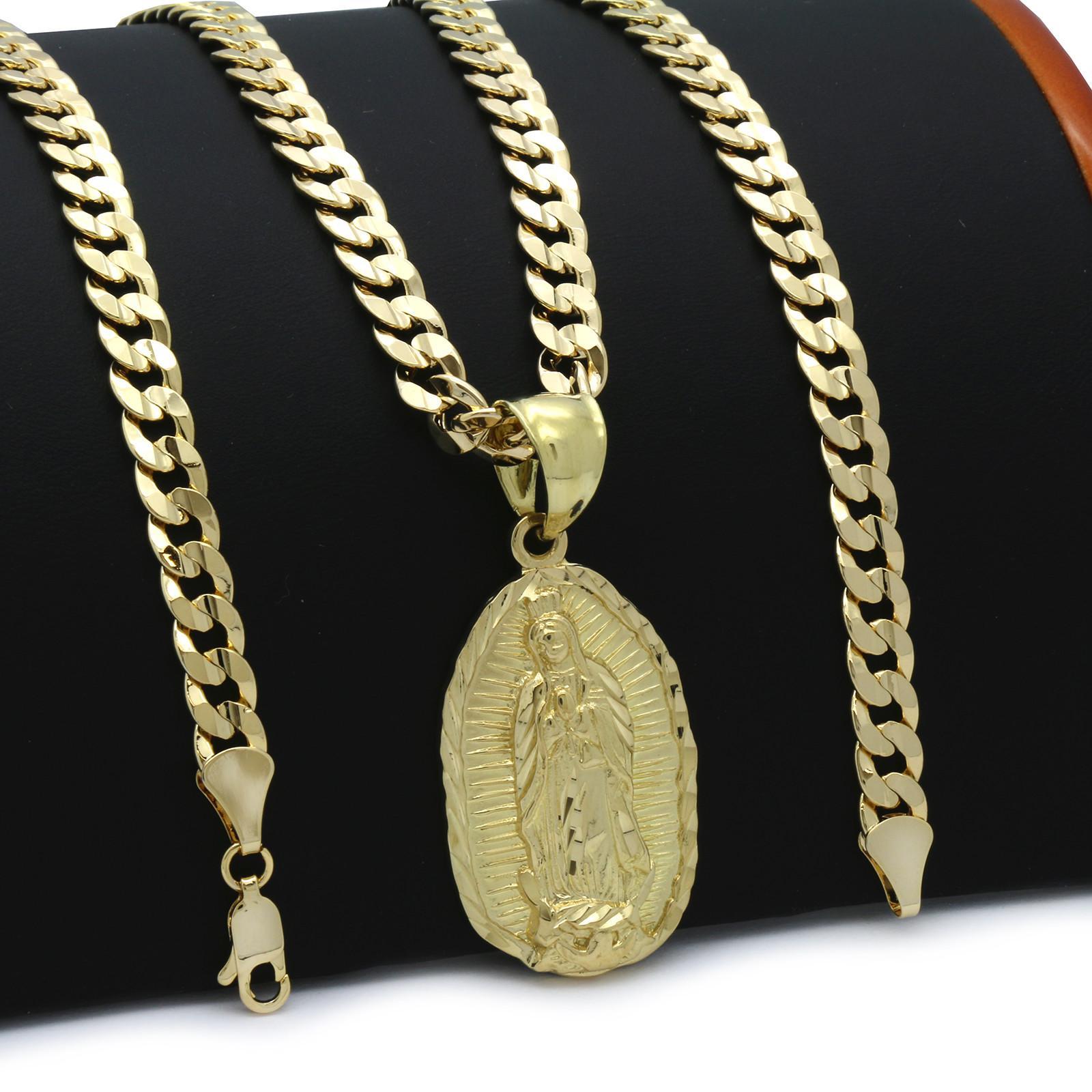 Mens 18k Gold Plated Guadalupe Hip-Hop Pendant 6mm Cuban Chain Necklace