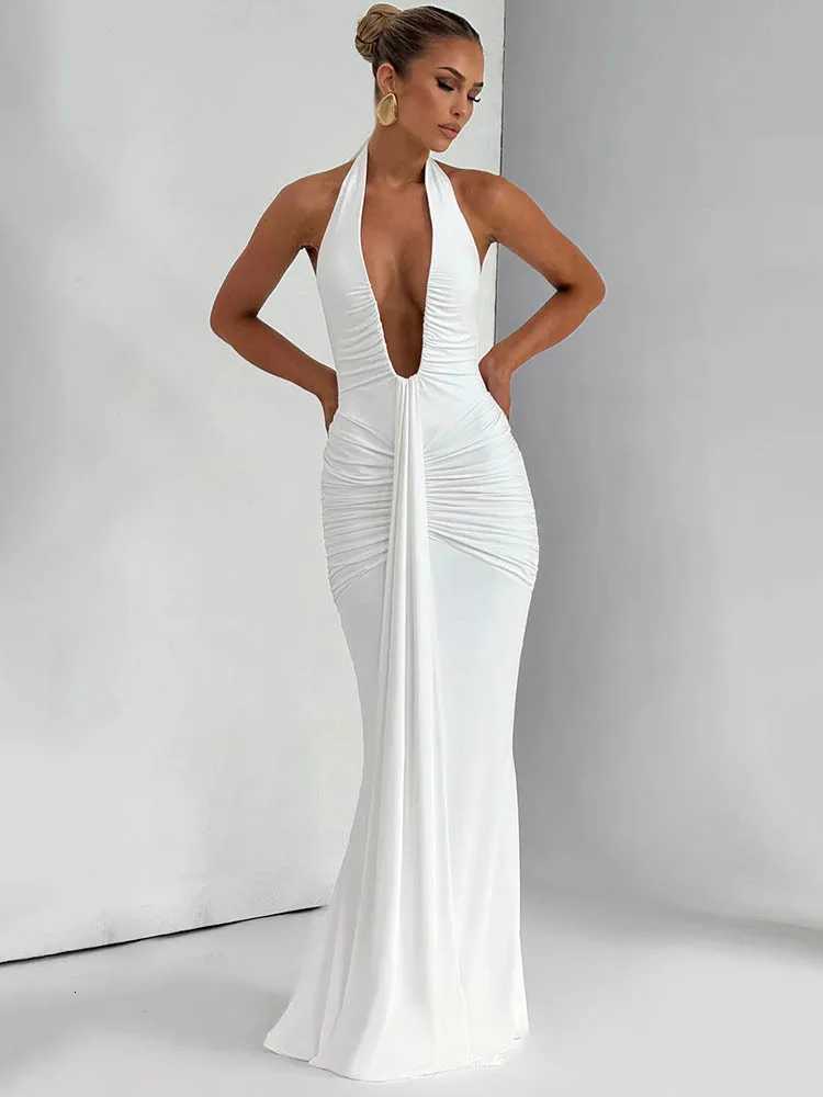 Mozision Deep V Neck Draped Ruched Sexy Maxi Dress Women Summer Fashion Halter Sleeveless Backless Club Party Long Dress XJ250722