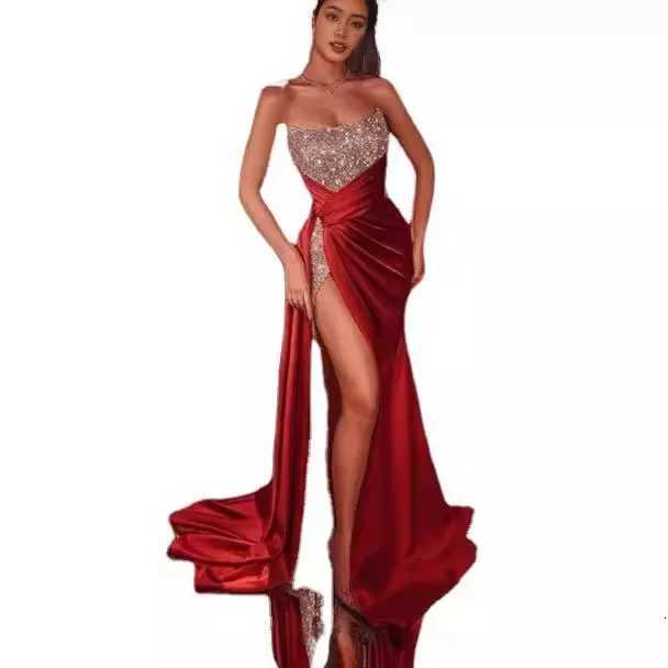 2024 Womens Sexy Off-The-Shoulder Strapless Long Dress Shiny Side Slit Evening Dress European and American Style XJ250722