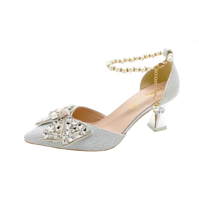 Luxury Brand Designer Shoes 2025 New Silver High Heels Fairy Style Coming-Of-Age Ceremony Crystal Shiny Single Shoes For Women Thin Heel Comfortable C