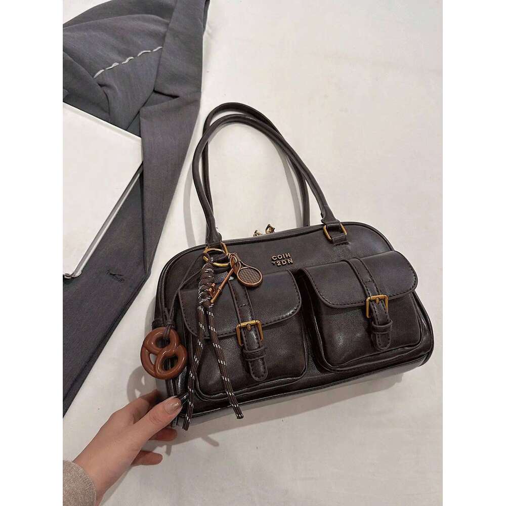 Vintage Brown Tote for Women, Crossbody Shoulder Bag with Metal Buckles & Keychain, Stylish Spacious Daily Purse