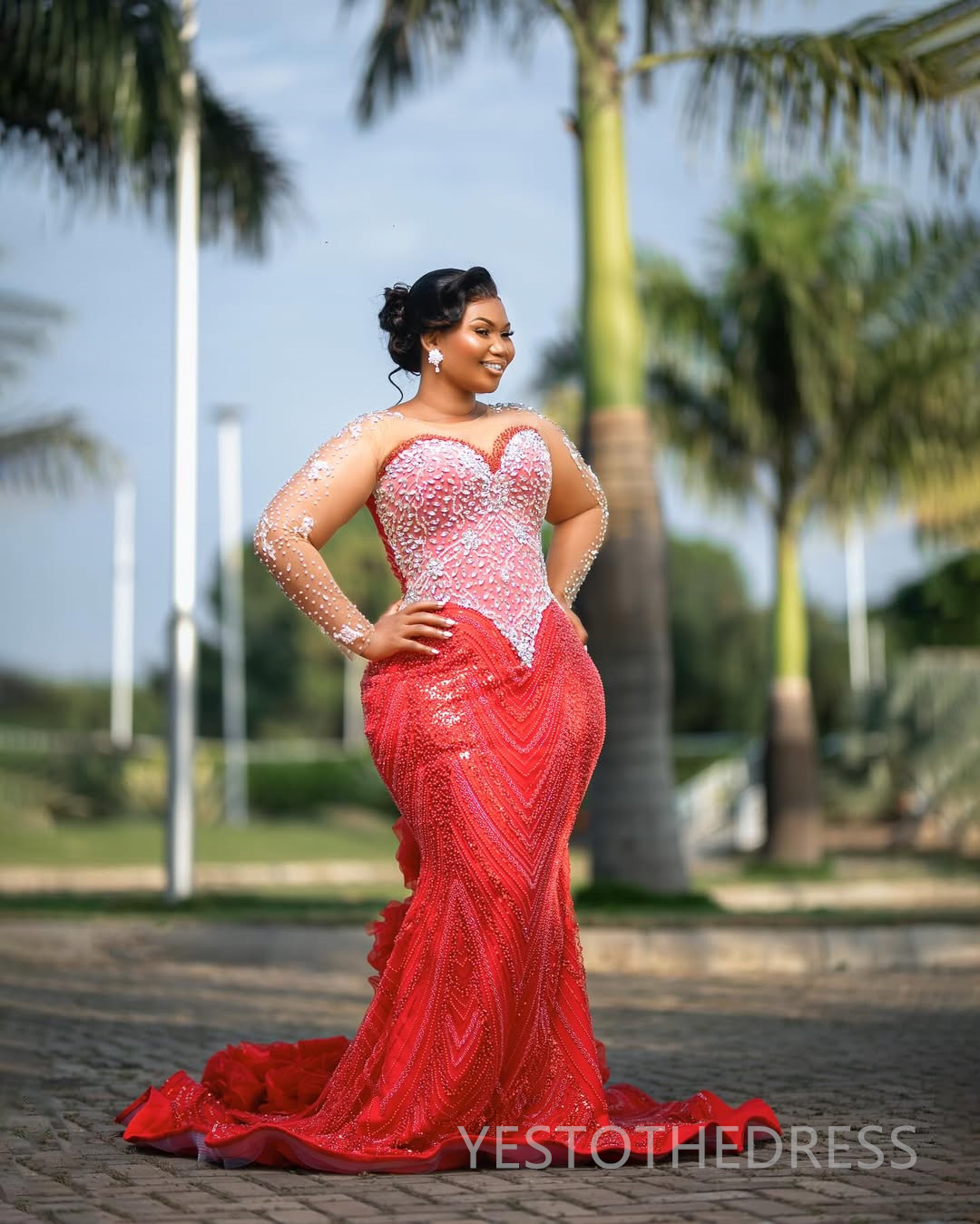 2025 Plus Size Red Prom Dress For Black Women Mermaid Evening Dresses Robe De Soiree Sheer Neck Long Sleeves Beaded Lace Birthday Dress Second Recepti