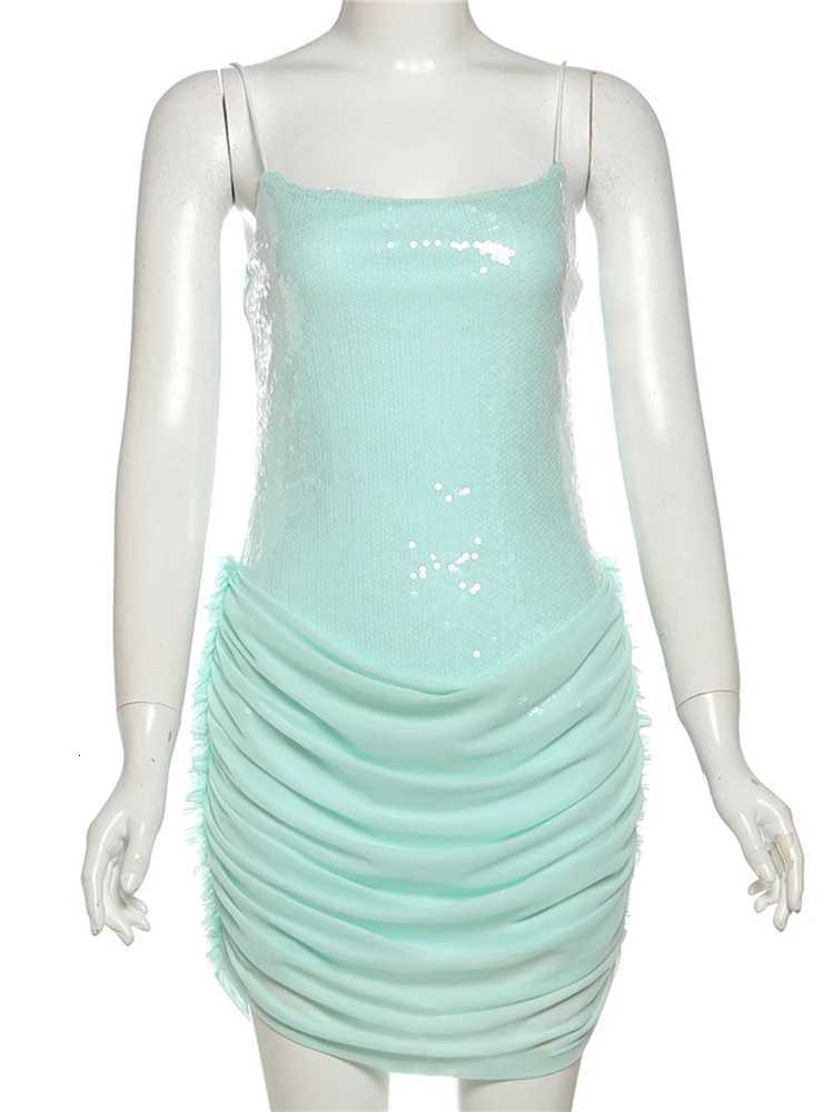 Nibber Patchwork Sequins Mini Dress Women Spaghetti Strap Off Shoulder Backless Mesh Hem Midnight Club Party Outfits XJ250722