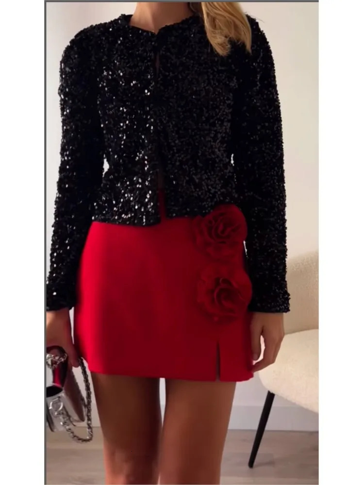 Sequin Evening Shorts Suit Women Fashion Long Sleeve Cropped Set Female Elegant Party High Waist Chic Sparkling Sets 250714