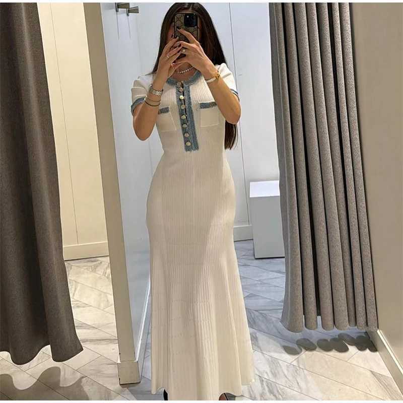 Ele Denim Patchwork Knitted Long Dress Women Fashion V Neck Short Sleeve Buttons Bodycon Dresses Fe White Pockets Robes XJ250722