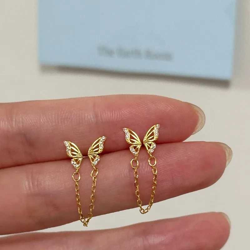 Tiny Sweet Tassel Butterfly Stud Earrings for Women Simple Korean Double Ear Hole Tassel Chain Earrings Party Jewelry XJ250722