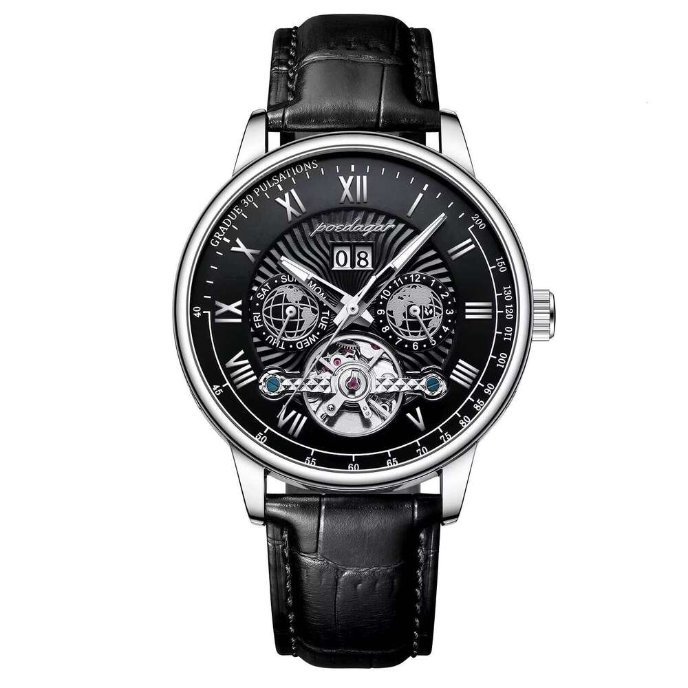 DHgargets POEDAGAR Men's Luxury Automatic Watch - Tourbillon, Calendar, Moon Phase, 50M Waterproof, Ultra-Thin 6mm, Genuine Leather Strap