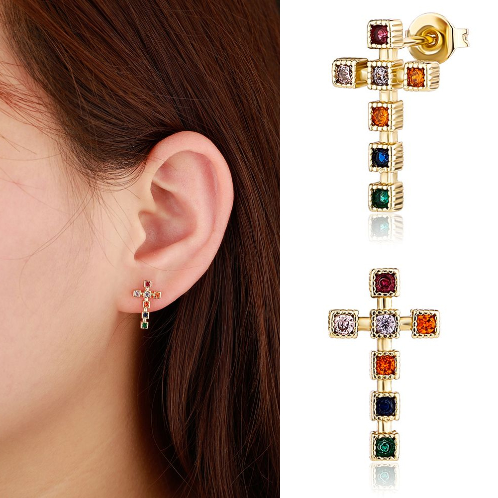 New Colorful Zircon Cross Stud Earrings Silver Gold Color Prong Bling Red Green CZ Earring Studs Delicate Fashion Women Girls Fine Party Jewelry Mothe