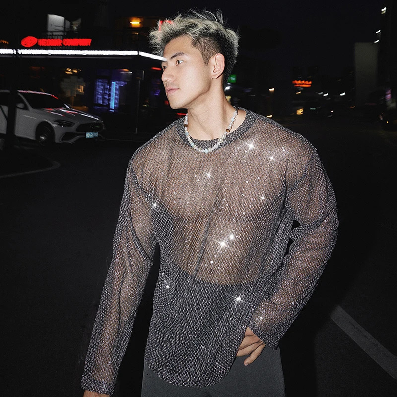 FEWQ Sequins Decoration Mens T-shirts Mesh Round Collar Tops Long Sleeved See-through Pullover Male Tees Niche 24K4819 250714