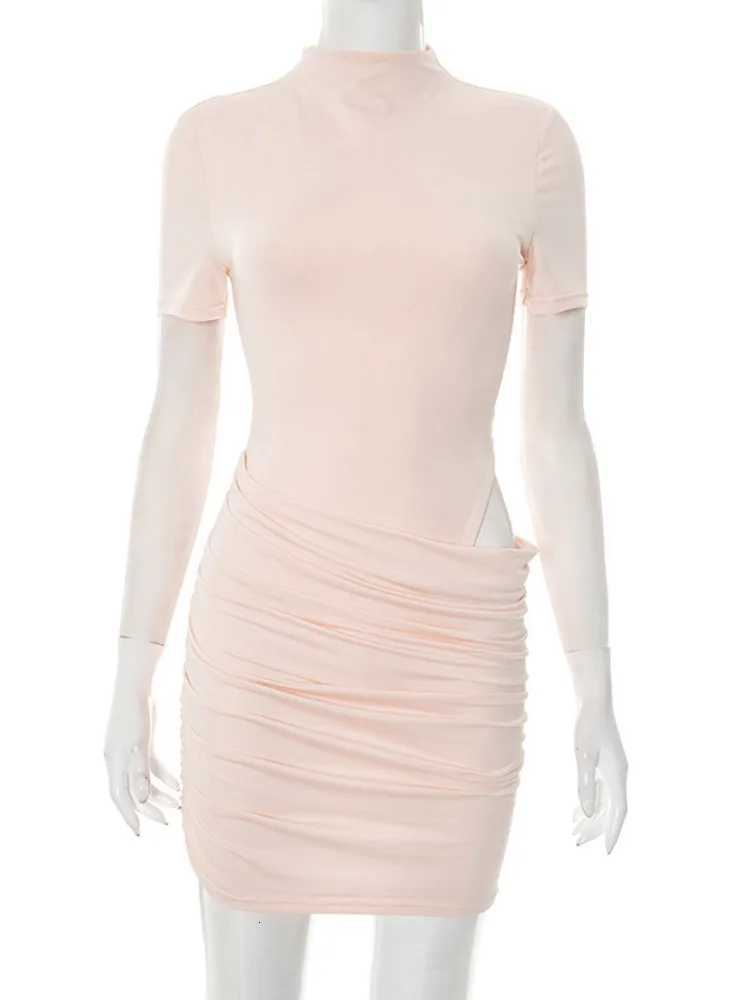 Mozision Hollow Out Short Sve Ruched Sexy Mini Dress For Women Fashion Half High Collar Skinny Club Party Dresses XJ250722