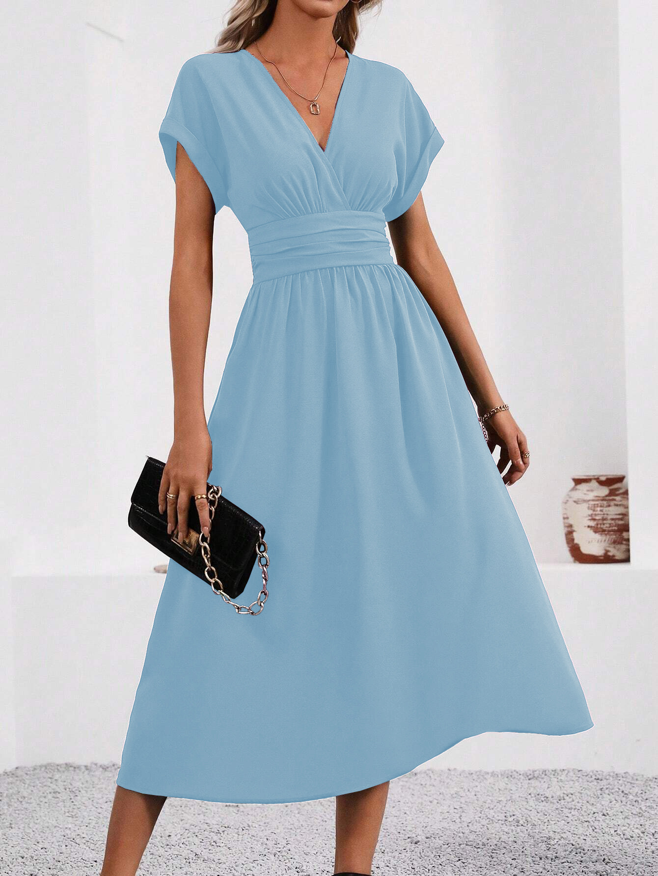 G721Solid Color Overlapping V-Neck Bat Sleeve Waist Pleated Long Elegant Dress