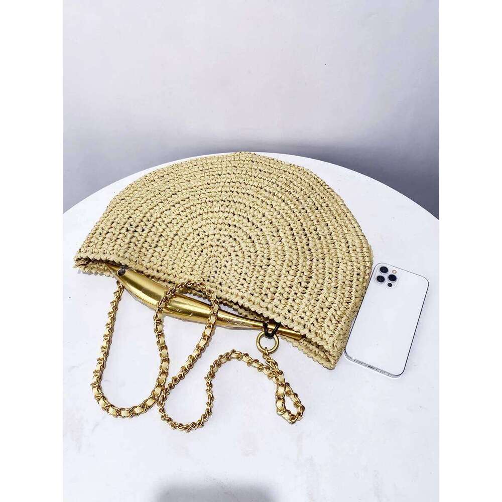 Classic Beach Straw Woven Bags For Women Designer Handbag Purse 2025 New In Sequined Handle Chain Strap Underarm Shoulder