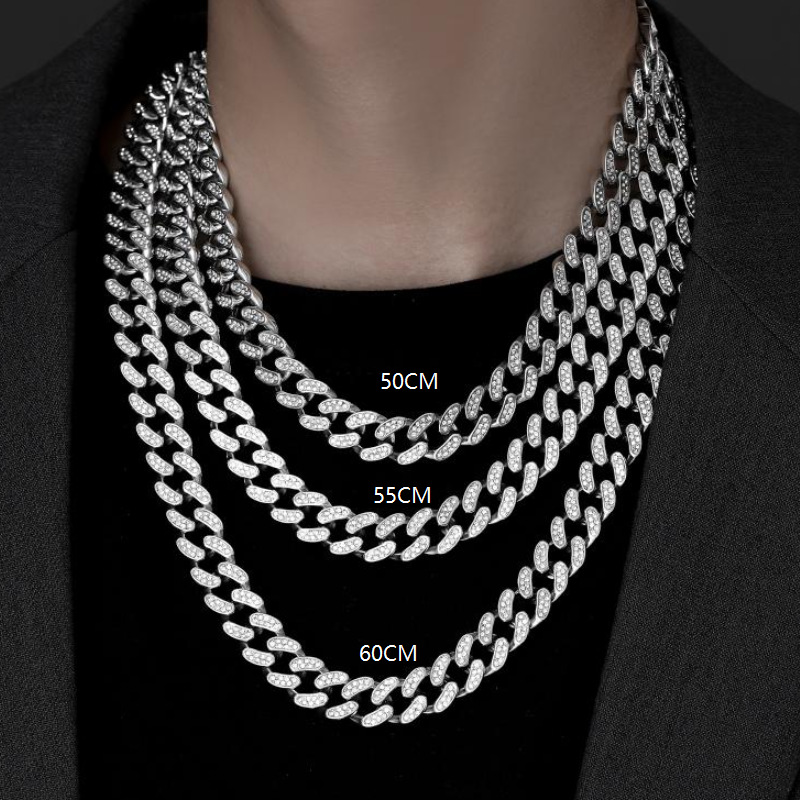 Hip Hop Inspired Mens Solid Silver Look Cuban Link Necklaces with Glittering CZ Stones & Secure Clasp Fastening