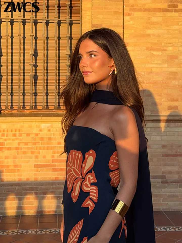 Ele Floral Print Ribbon Strapless Dress Women Sexy Off Shoulder Hip Package Long Tube Dresses 2025 Summer New Lady Slim Dress XJ250722