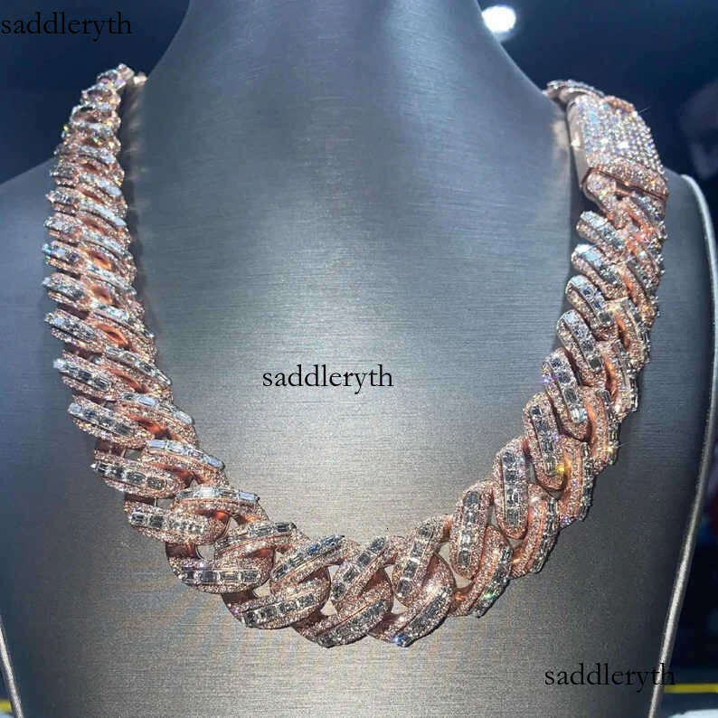 20mm Vermeil Hip Hop Sier with 14k Rose Gold Plated Chains Necklace Emerald Cut Moissanite Dia Iced Out Cuban Link Chain