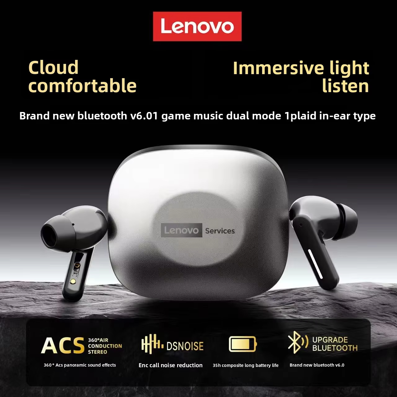 LenovoServices Wireless Bluetooth 6.0 Headphones HIFI Stereo Game Call Music Noise Reduction Earbuds TWS Sport Earphones LE209