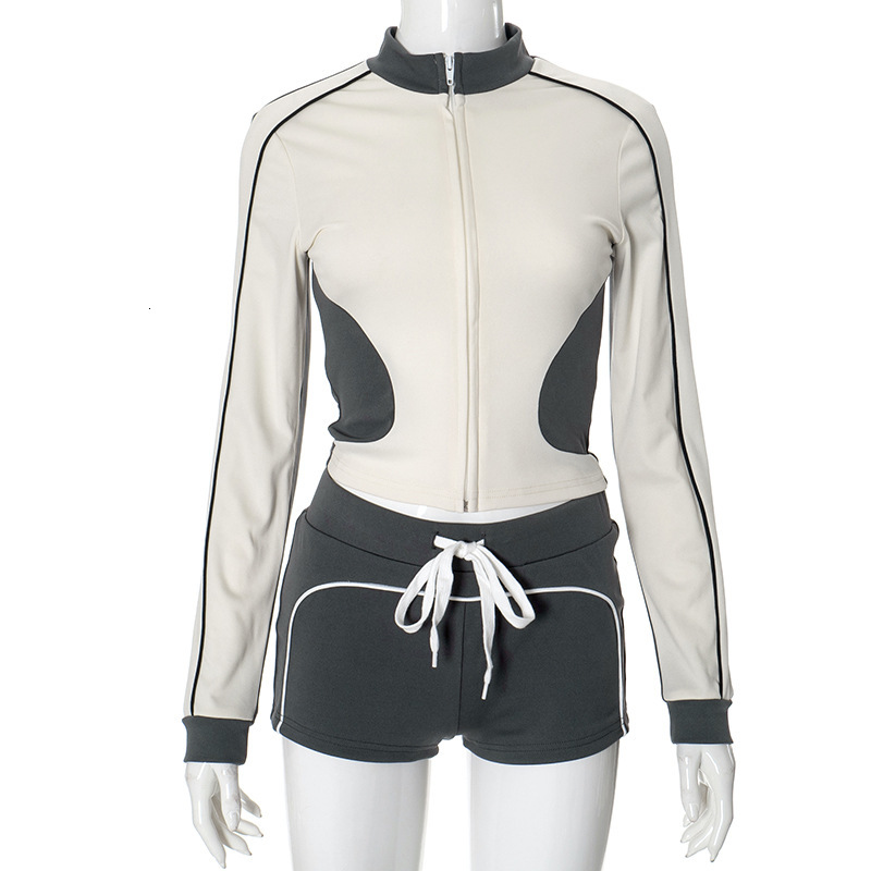 K24ST371 style 2025 spring stand up collar slim fit fitness suit slimming top sports jacket shorts set