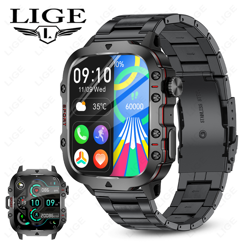 LIGE smartwatch Wireless call, music control, multiple sports modes, IP67 waterproof, blood pressure and heart rate detection Remote control photo tak