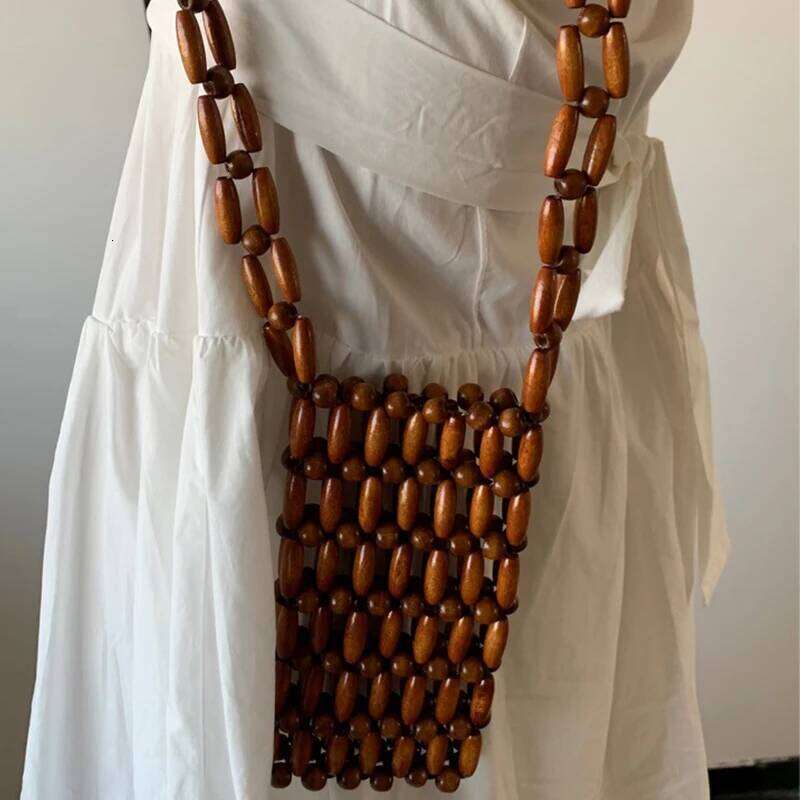 Vintage Wooden Bead Woven Mobile Phone Bag 2024 New Ins Minimalist Summer Vacation Beach Crossbody Bags for Woman