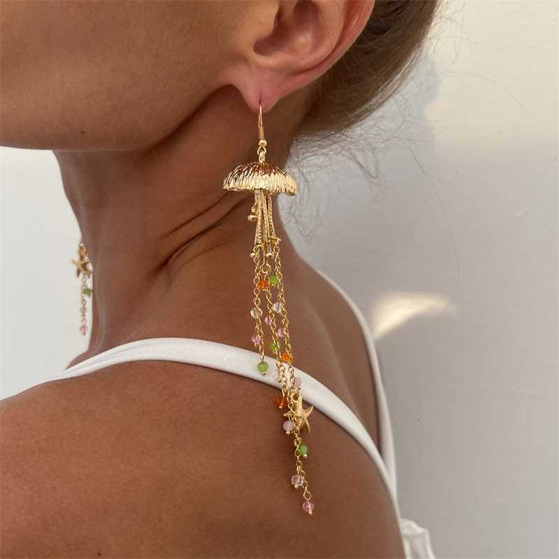 Boho Starfish Scalp Shell Long Tassel Earrings For Women Shiny Crystal Jellyfish Dangle Earring Beach Vacation Party Jewelry XJ250722
