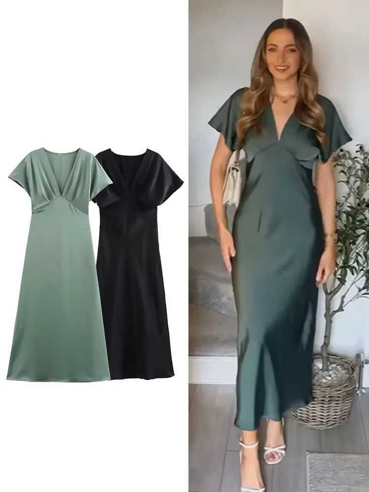 TRZA Women Ele Solid Satin Dress Sexy V Neck Short Sleeve Midi Dress 2025 New Fashion Summer Lady Holidays Party Dress XJ250722