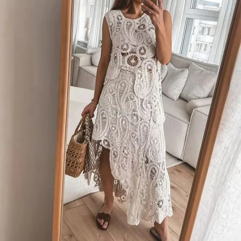 Women O-neck Sleeveless TopLong Skirt Beach Suit Casual Solid Street Summer Outfit Holiday Hollow Knitted Irregular 2 Piece Set 250714