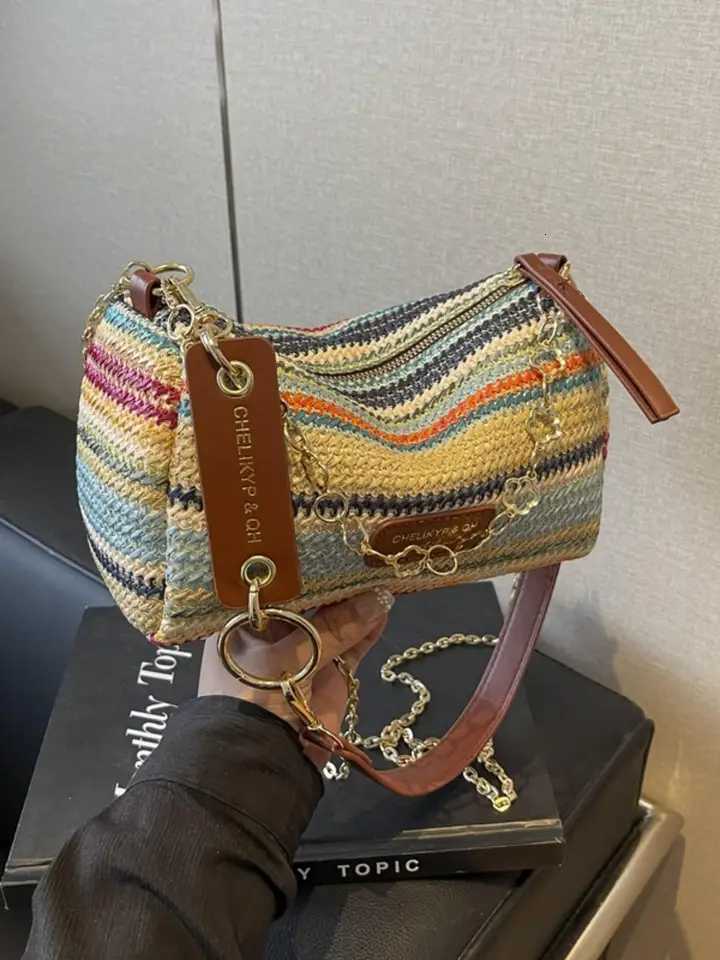 new spring and summer contrast striped woven shoulder bag with letter decoration crossbody bag Y250722