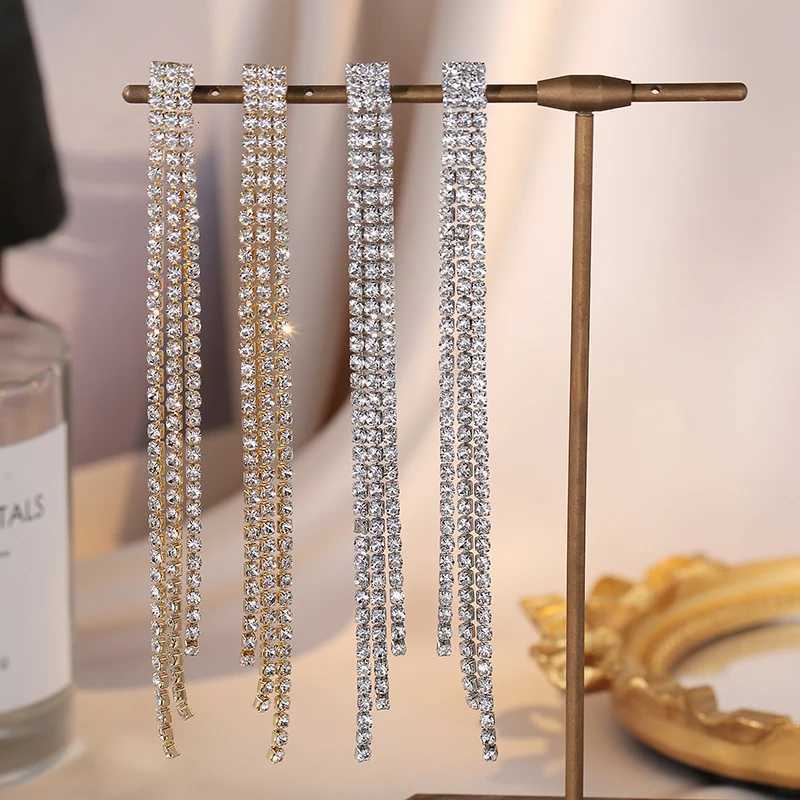 Simple Trend Long Shiny Full Crystal Rhinestone Tassel Earrings For Women Drop Dangle Bridal Wedding Earrings Stud Jewelry Gift XJ250722