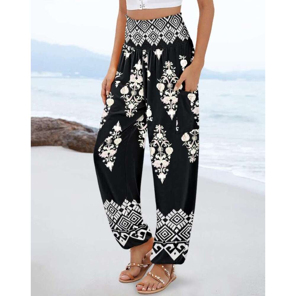 New Spring Summer Women's Loose High Waist Printed Casual Jogger Pants B5