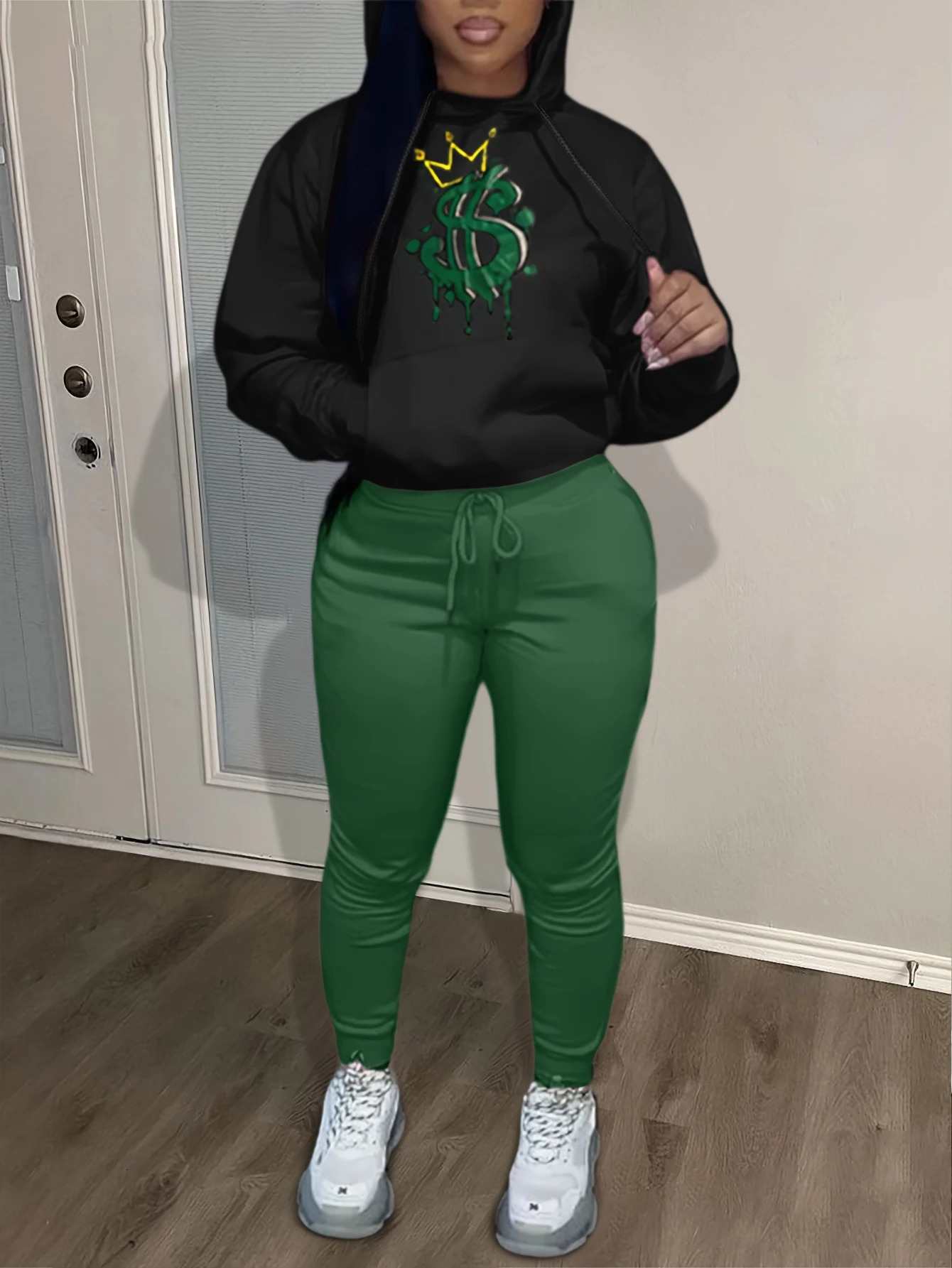 LW Plus Size Crown Letter Print Kangaroo Pocket Tracksuit Set Women Hooded Collar Sweatsuit Fall Long Sleeve Two Pieces Outfit 250714