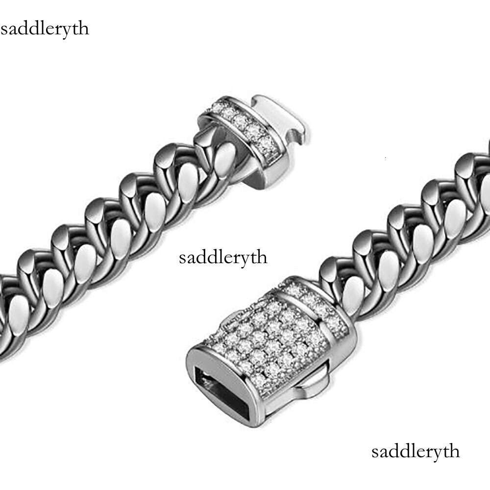 Mens White Gold Tone 316L Stainless Steel Chain Necklace Curb Cuban Link with Dias Clasp Lock 6mm/8mm/10mm/12mm/14mm