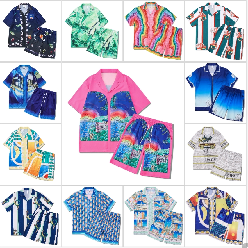 Men's Tracksuits Shorts Beach Green Flame Print Loose Hawaiian Shirts Shorts 2 Piece Set Summer Male Casual on Vacation Outfit Sets