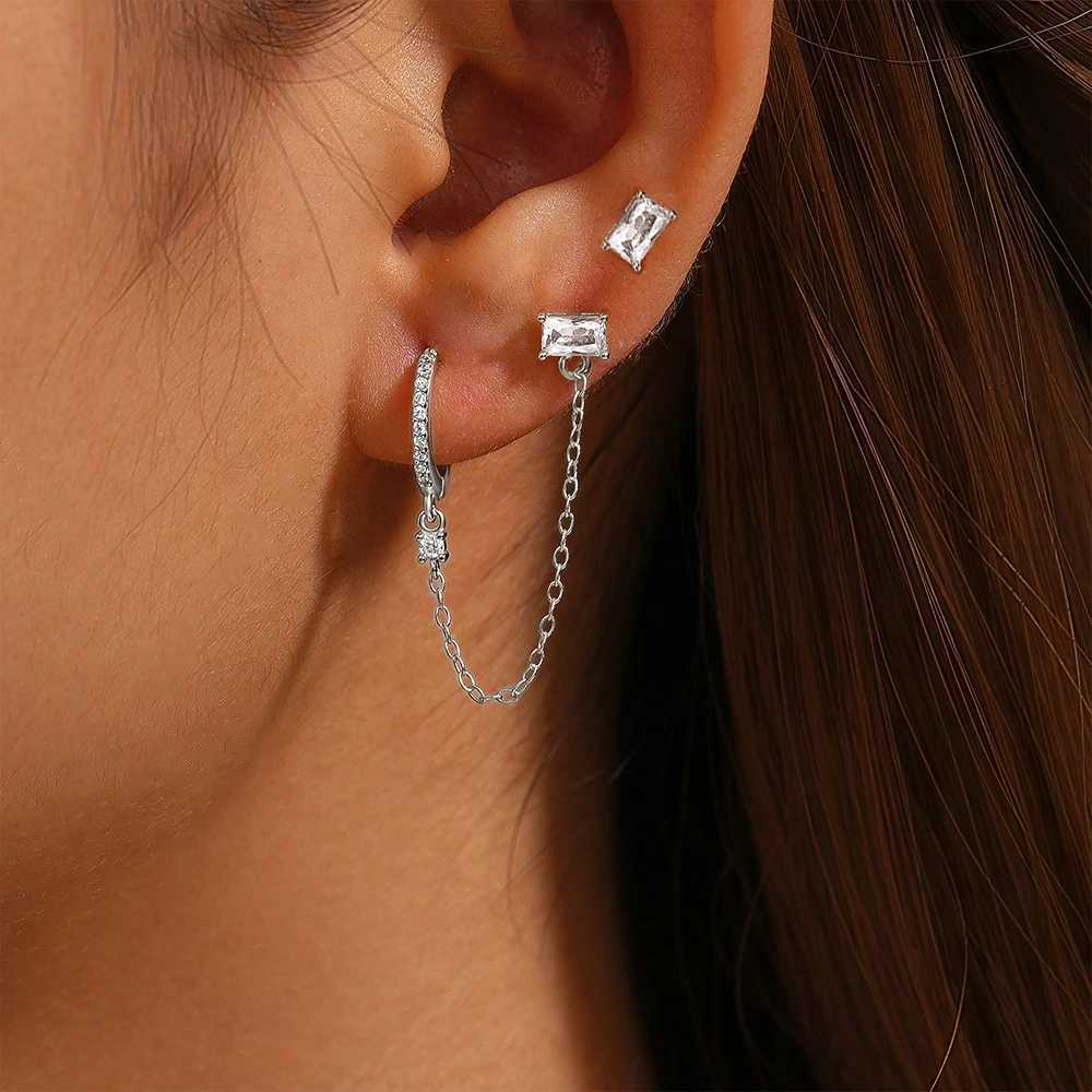 New Arrival Link Chains Hoop Earrings for Women Stainless Steel Cubic Zirconia Tassel Square Earring Ear Buckle Piercing Jewelry XJ250722