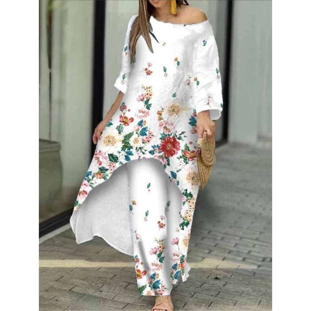 New Women's Fashion Casual Loose Irregular Print Nine-Quarter Sleeve Sunscreen Shirt Wide-Leg Pants Set B5