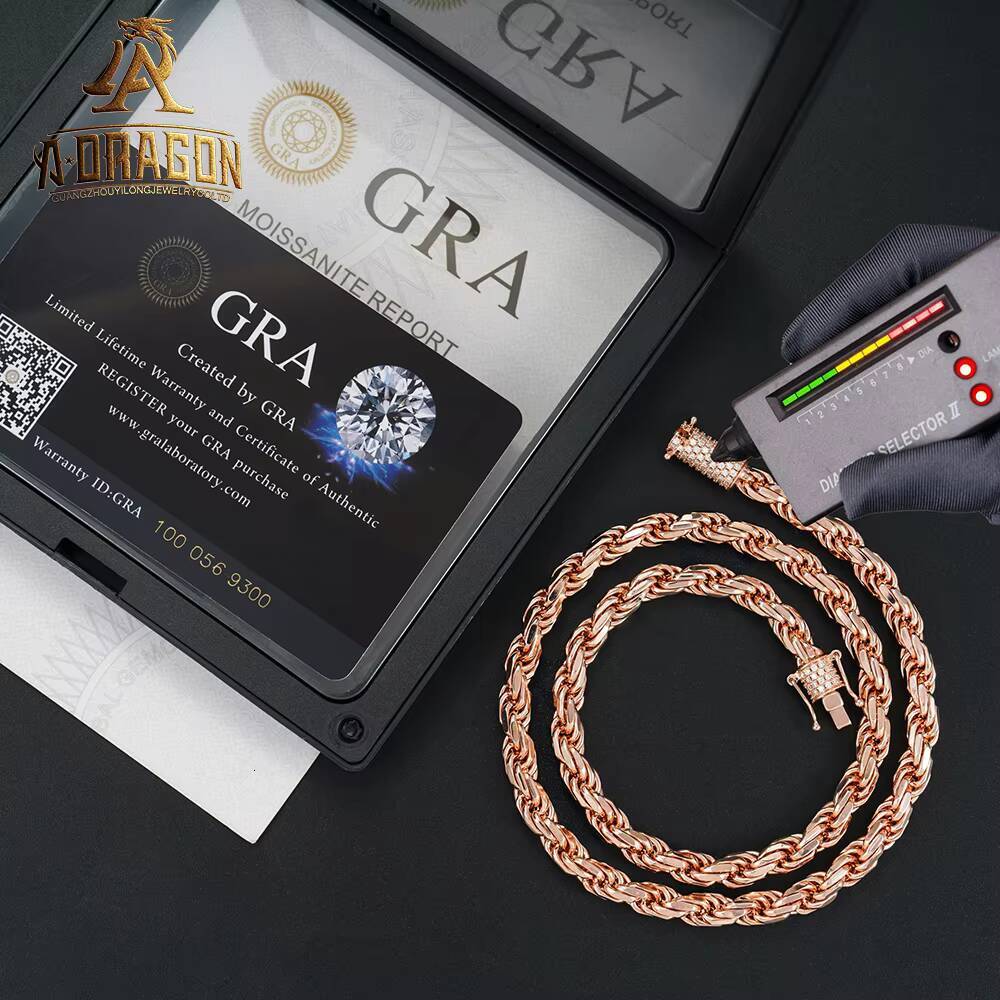 Luxury Diamond Cut Rose Gold Plated 925 Silver Moissanite Diamond Rope Chain