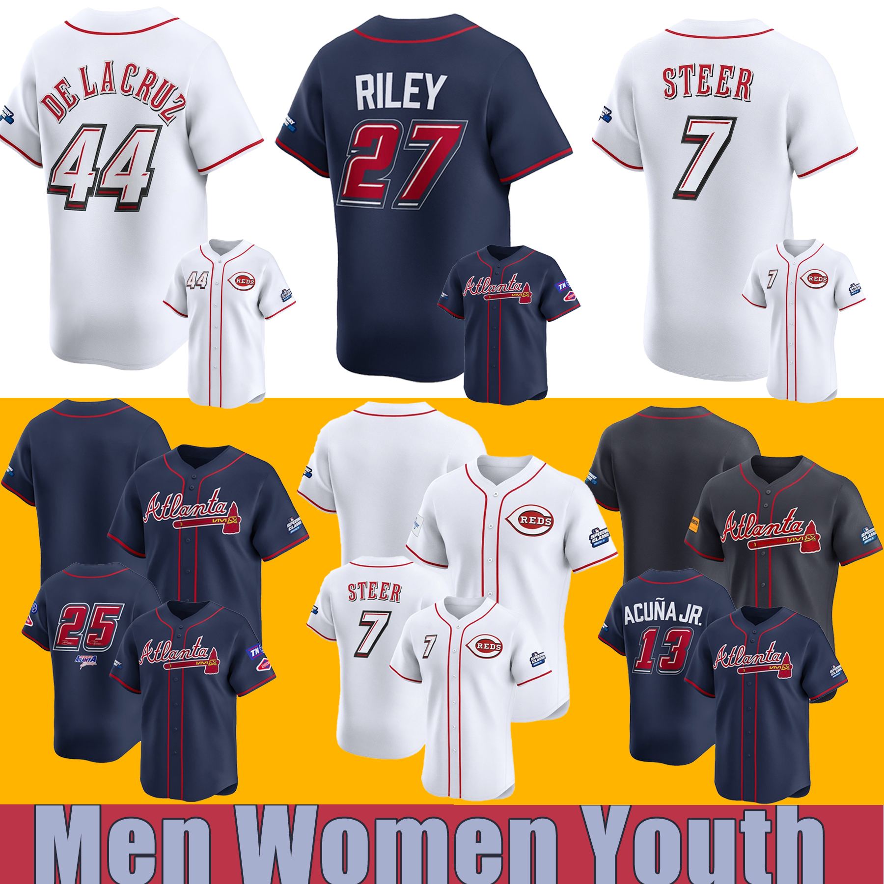 Braves Jerseys Reds Jerseys #13 Acuna Jr. #44 De La Cruz #1 Albies #29 Friedl Spencer Steer Chris Sale Austin Riley Hunter Greene Speedway Classics jersey