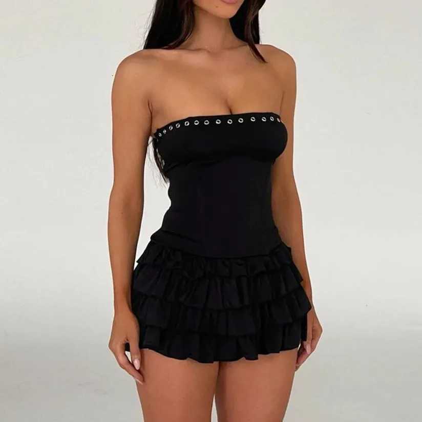 Imcute Women Y2k Strapless Tube Dress Cute Sleeveless Backless Layered Mini Dress Sexy Low Cut Bodycon Party Dress Clubwear XJ250722