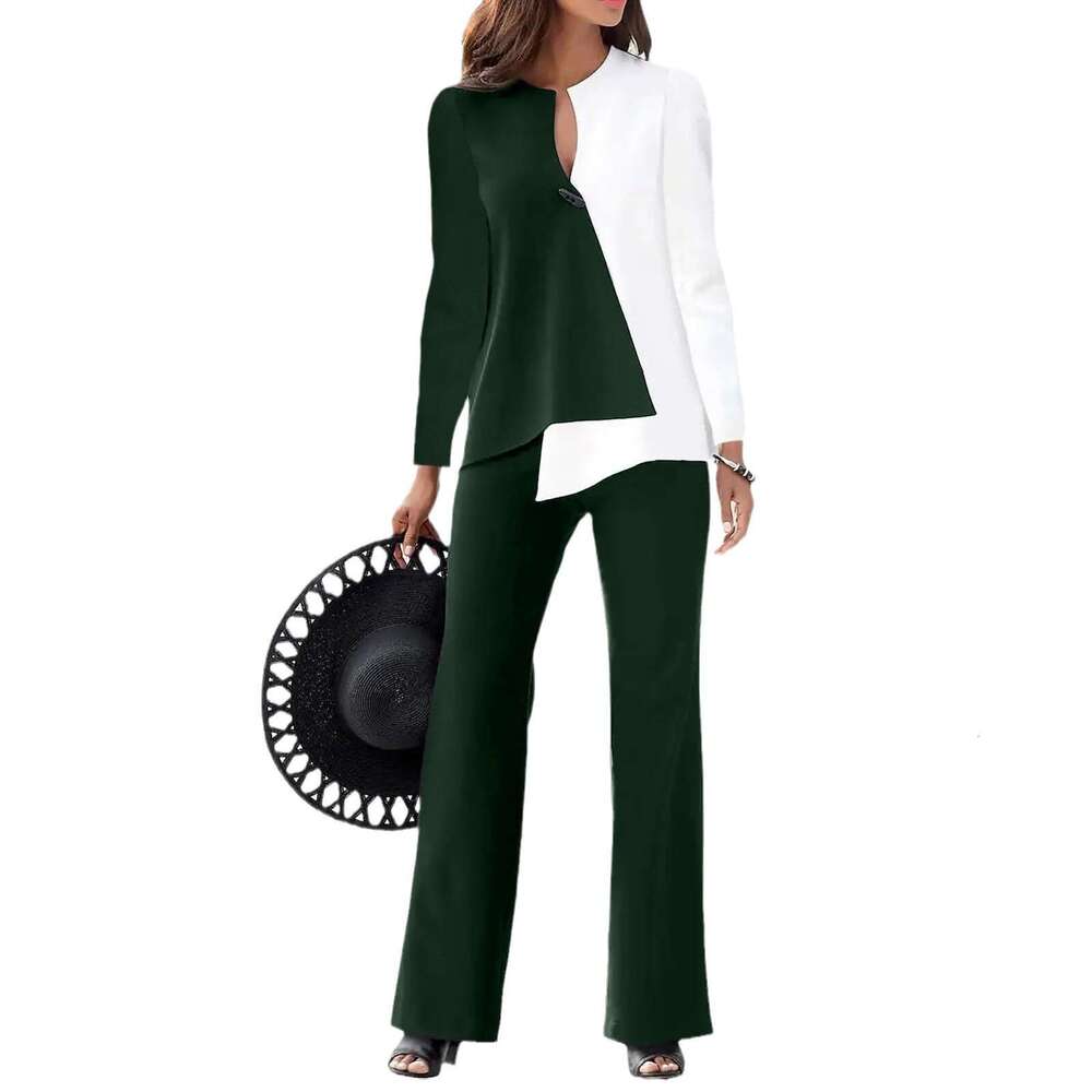 Spring And Autumn Fashionable Commuter Color Block Sleeve Long Pants Two-Piece Set Women's Clothing B5