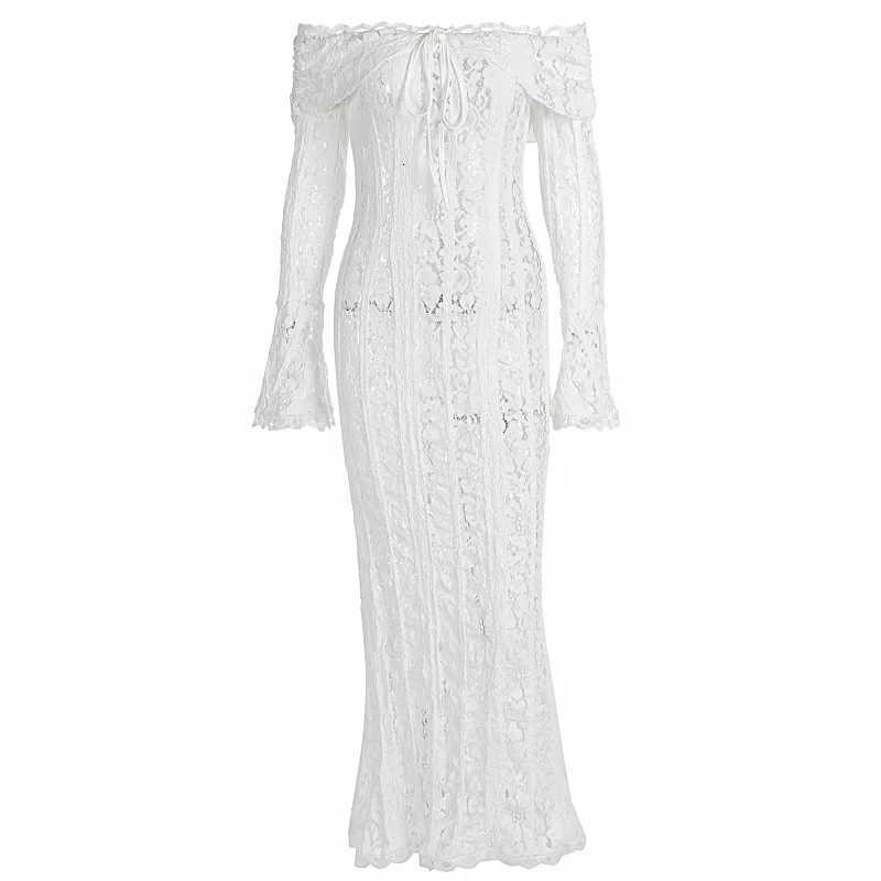 Ele Long Lace Dress with Shoulder Bows Flared Sleeve Bodycon Silhouette Empire Waist Draping Skirt for Women XJ250722