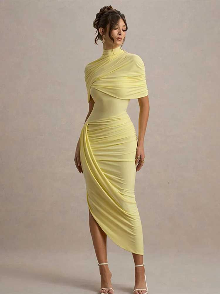100% Solid Pleated Maxi Dresses Women Fashion Chic Round Neck High Collar Split Slim Fit Long Dresses 2025 Dinner Party Wear XJ250722