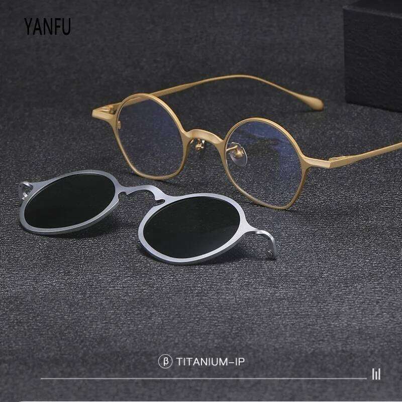Retro Male Glasses Magnetic Clip Pure Titanium Sunglasses Men Round Vintage Trendy UV400 Eyewear Man Magnetized Lenses 148mm