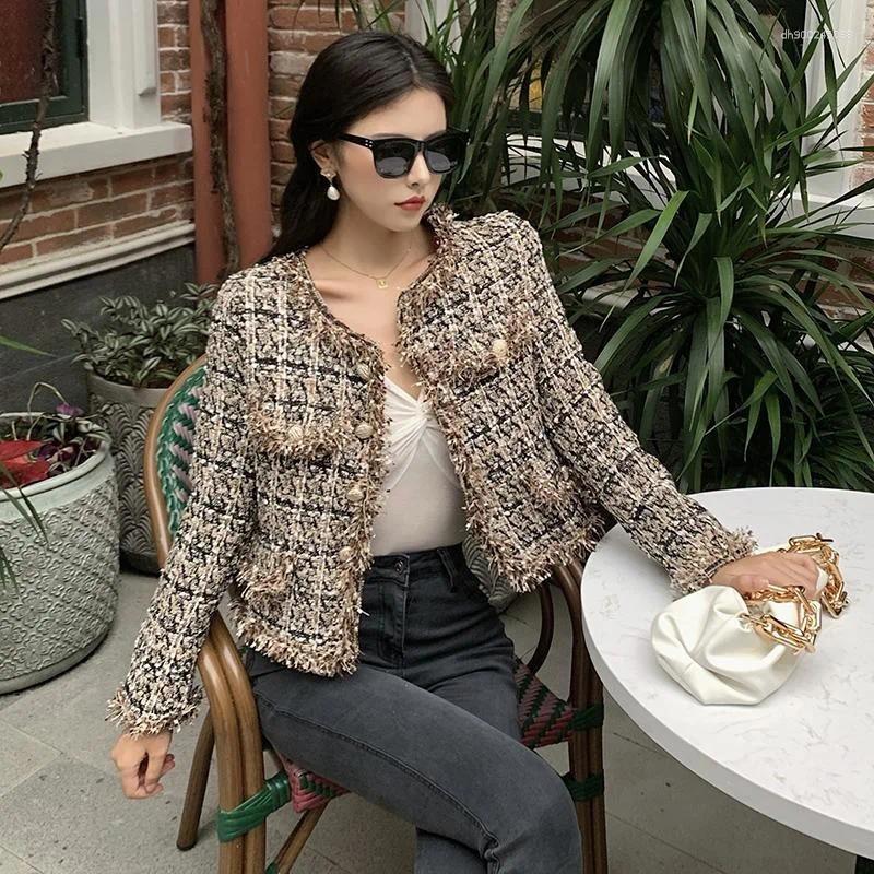 Women's Jackets Autumn Winter Fashion Korean Chic Vintage Tweed Woolen Jacket Coat Plaid Tassel Outerwear Elegant Slim Streetwear Coats